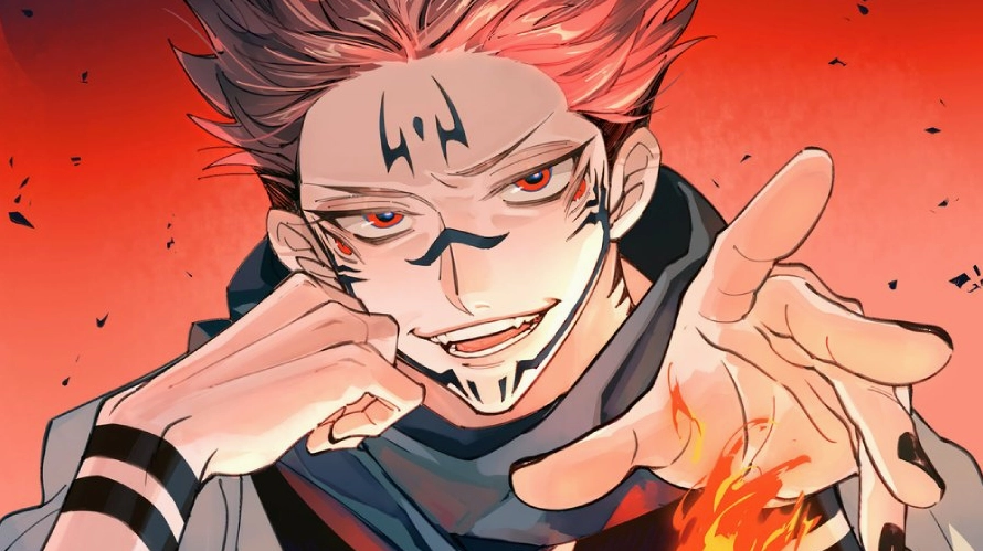 Ảnh anime Sukuna đẹp với biểu cảm uy nghiêm, đôi mắt đỏ rực và nét mặt lạnh lùng đầy quyền lực, toát lên thần thái Quỷ Vương