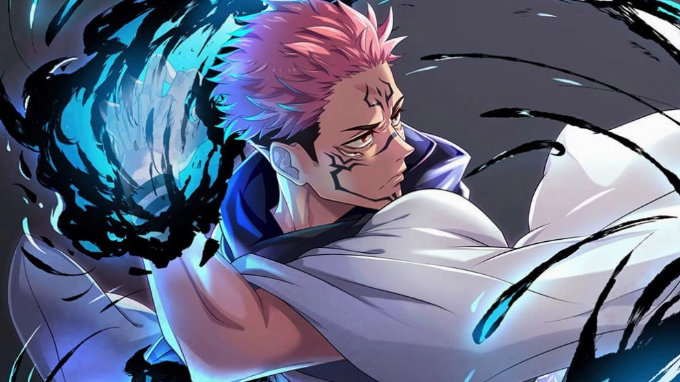 Ảnh anime Sukuna trong tư thế chuẩn bị tấn công, tay phải giơ lên và ánh mắt tập trung, đầy uy lực và sự quyết đoán