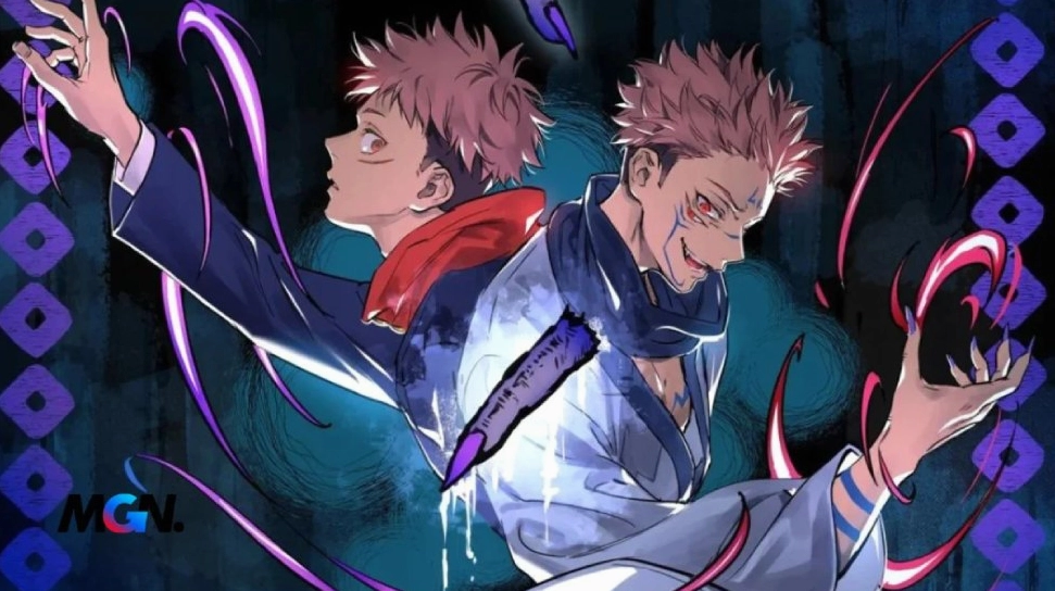 Ảnh anime Sukuna và Itadori Yuji trong một khung hình đối lập, thể hiện sự song hành giữa hai nhân cách khác biệt, một bên lạnh lùng, một bên kiên cường