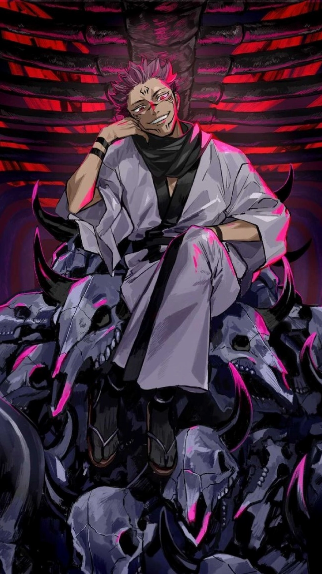 Ảnh anime Sukuna với khuôn mặt biểu cảm dữ dằn, mái tóc hồng gai và ánh mắt đáng sợ, toát lên sự nguy hiểm và khí chất mạnh mẽ của một chú thuật sư
