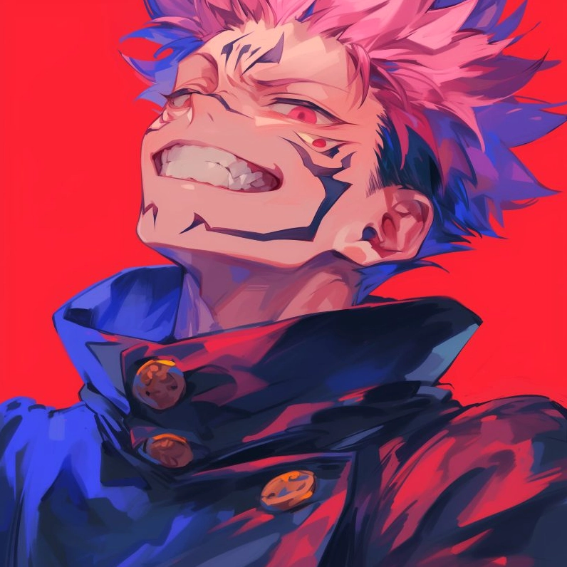 Sukuna anime quái ác trong Jujutsu Kaisen với biểu cảm lạnh lùng, tóc hồng vuốt ngược và đôi mắt đỏ rực đầy uy hiếp, toát lên vẻ tàn bạo