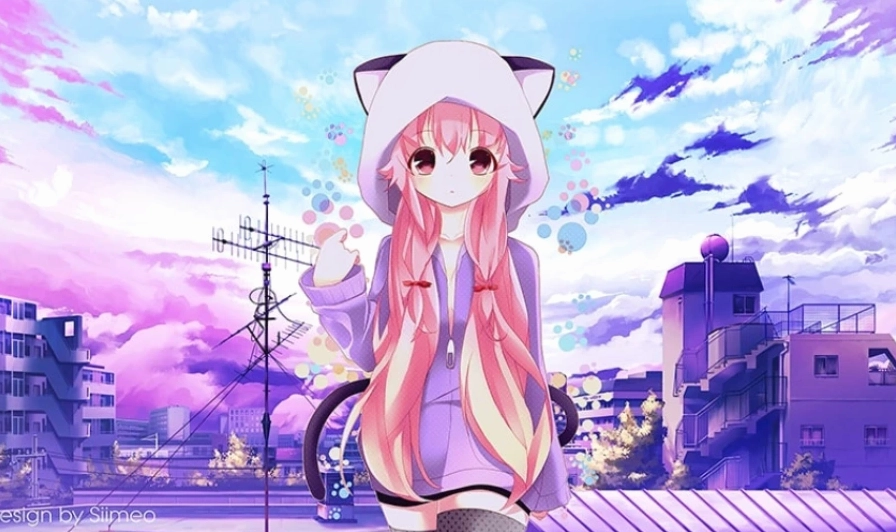 Ảnh nền anime nữ với biểu cảm ngây thơ và đáng yêu