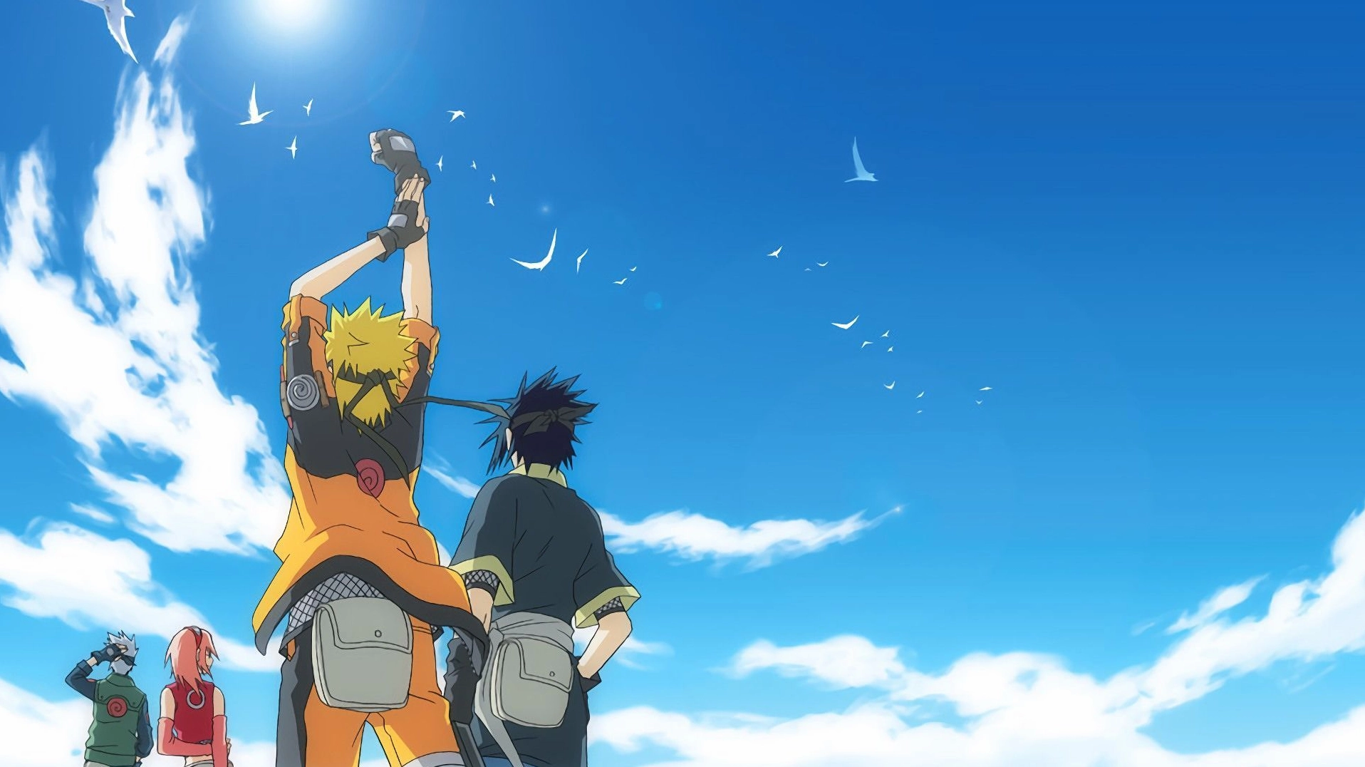 Ảnh nền Naruto và Sasuke đứng cạnh nhau thể hiện tình bạn và sự đối đầu