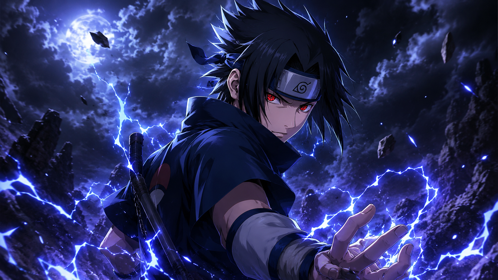 Sasuke Uchiha trong trang phục quen thuộc, nổi bật với đôi mắt Sharingan đầy uy lực.